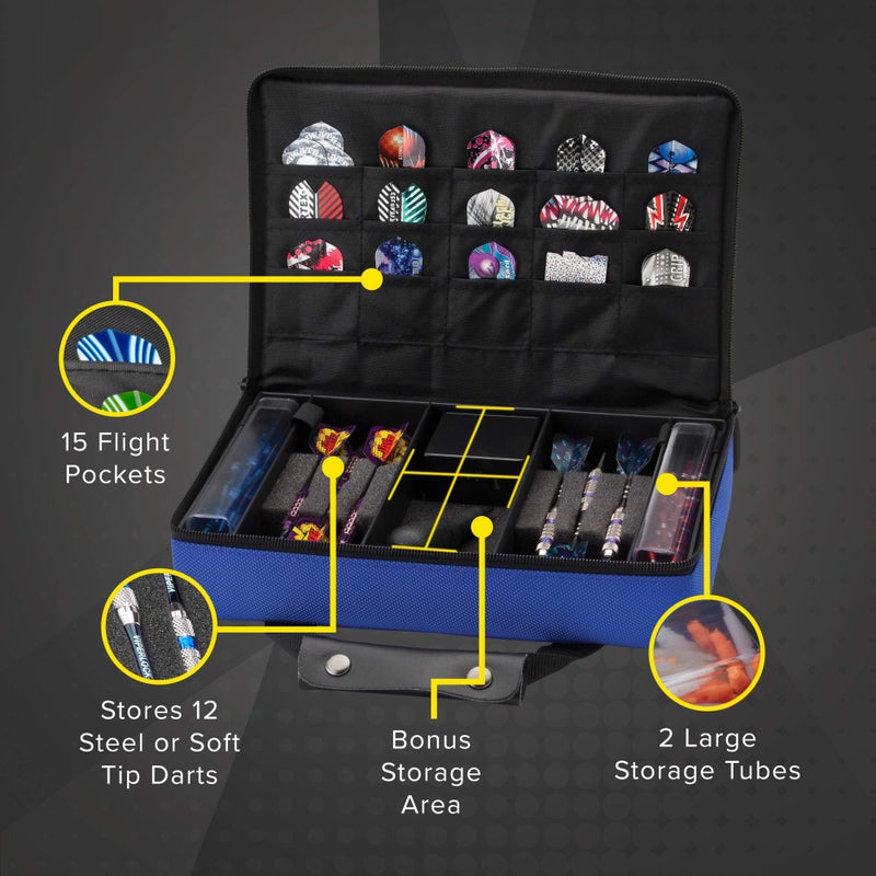 Casemaster by GLD Products Classic Nylon Dart Carrying Case for Steel and Soft Tip Darts, Holds 12 Darts Numerous Other Accessories via Generous Storage Pockets, Tubes and Boxes, Blue, 1 - Image 2